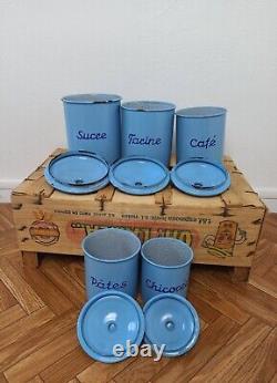 5 Rétro Vintage Anciennes Boîtes de Cuisine En Émail Français en Métal Décor Art