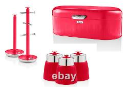 Accessoires de cuisine rétro SWAN rouge : boîte à pain, bocaux, arbre à mugs, ensemble de porte-serviettes