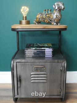 Armoire de chevet rustique en bois et métal avec tiroirs de rangement