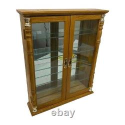 Armoire de collection en bois vintage avec portes en verre, miroir arrière et 5 étagères vitrées