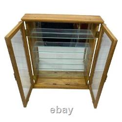 Armoire de collection en bois vintage avec portes en verre, miroir arrière et 5 étagères vitrées
