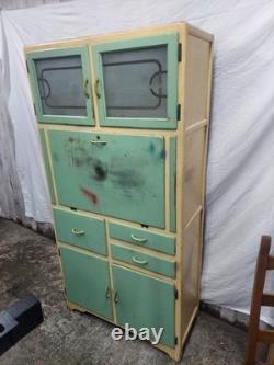 Armoire de cuisine de style Hoosier vintage des années 1950 en bois vert et crème F304