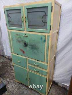 Armoire de cuisine de style Hoosier vintage des années 1950 en bois vert et crème F304