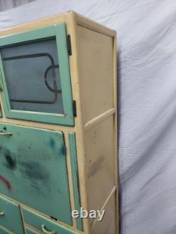 Armoire de cuisine de style Hoosier vintage des années 1950 en bois vert et crème F304