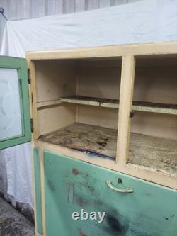 Armoire de cuisine de style Hoosier vintage des années 1950 en bois vert et crème F304