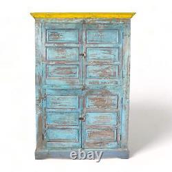 Armoire de cuisine vintage en bois massif peinte en bleu et jaune pour femmes de ménage
