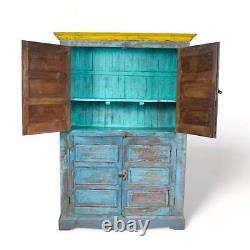 Armoire de cuisine vintage en bois massif peinte en bleu et jaune pour femmes de ménage
