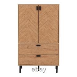 Armoire de rangement 2 portes 2 tiroirs effet chêne Leon en chevrons pour le salon