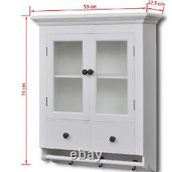 Armoire de rangement murale de cuisine en bois blanc avec porte en verre et tiroir vintage T1I9