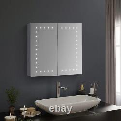 Armoire de salle de bain avec miroir LED, prise de rasoir, double porte, étagère de rangement, fixation murale.