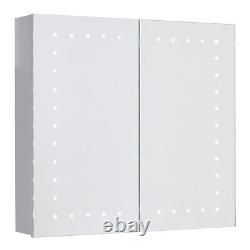 Armoire de salle de bain avec miroir LED, prise de rasoir, double porte, étagère de rangement, fixation murale.