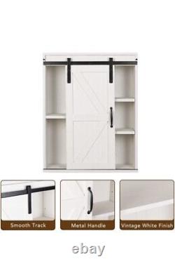 Armoire de salle de bain murale en bois de ferme Rustown avec porte de grange coulissante blanche