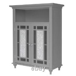 Armoire rétro grise avec portes en verre mosaïque argenté, étagères et petite armoire de rangement.