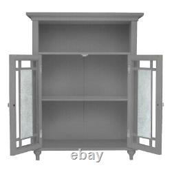 Armoire rétro grise avec portes en verre mosaïque argenté, étagères et petite armoire de rangement.