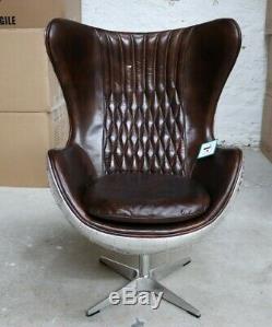 Aviator Aviation Aluminium Swivel Egg Chair Vintage En Cuir Brun Arne Jacobsen