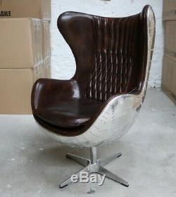 Aviator Aviation Aluminium Swivel Egg Chair Vintage En Cuir Brun Arne Jacobsen