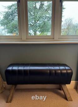 Banc en cuir noir, pieds en bois, style cheval d'arçon, rétro vintage