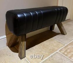 Banc en cuir noir, pieds en bois, style cheval d'arçon, rétro vintage