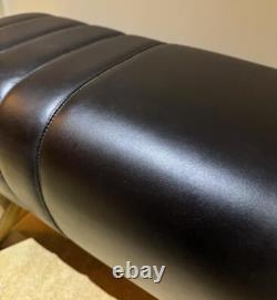 Banc en cuir noir, pieds en bois, style cheval d'arçon, rétro vintage