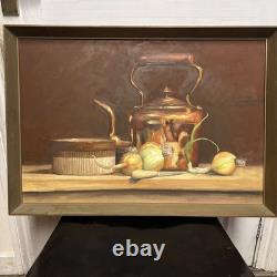 Belle peinture à l’huile vintage rétro sur panneau, nature morte de cuisine encadrée