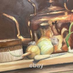 Belle peinture à l’huile vintage rétro sur panneau, nature morte de cuisine encadrée