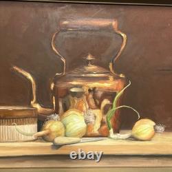 Belle peinture à l’huile vintage rétro sur panneau, nature morte de cuisine encadrée