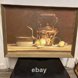 Belle peinture à l’huile vintage rétro sur panneau, nature morte de cuisine encadrée