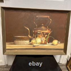 Belle peinture à l’huile vintage rétro sur panneau, nature morte de cuisine encadrée