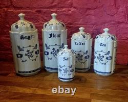 Bocaux de rangement bleus et blancs Fleur d'oignon TC Allemagne Farine Sucre Café Thé Sel