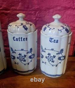 Bocaux de rangement bleus et blancs Fleur d'oignon TC Allemagne Farine Sucre Café Thé Sel