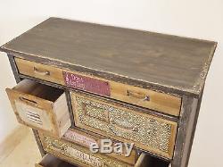 Bois Antique Vintage Rustique Boho Patterned Commode Cabinet