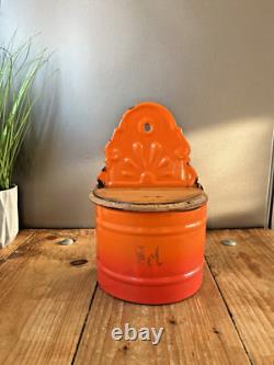 Boîte à sel en émail orange vintage française, accroche murale pour cave, rangement de cuisine