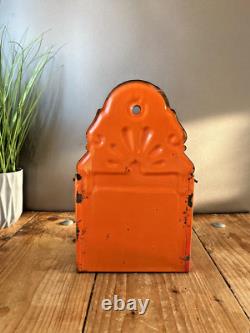 Boîte à sel en émail orange vintage française, accroche murale pour cave, rangement de cuisine