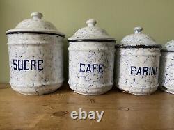 Boîtes de rangement de cuisine en émail vintage français, Neige sur la montagne, Blanc