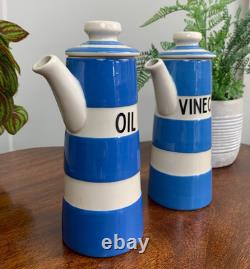 Bouteilles à huile et vinaigre T G Green vintage en bleu et blanc Cornishware avec couvercles