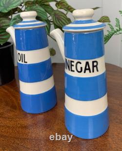 Bouteilles à huile et vinaigre T G Green vintage en bleu et blanc Cornishware avec couvercles