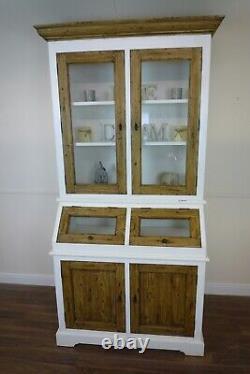 Buffet de Cuisine de Ferme en Blanc/Chêne Vieilli, Armoire à Deux Portes de Style Vintage