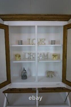Buffet de Cuisine de Ferme en Blanc/Chêne Vieilli, Armoire à Deux Portes de Style Vintage
