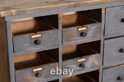 Buffet de rangement vintage en pin bleu à multiples tiroirs large