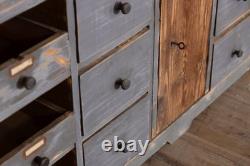 Buffet de rangement vintage en pin bleu à multiples tiroirs large