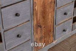 Buffet de rangement vintage en pin bleu à multiples tiroirs large