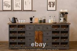 Buffet de rangement vintage en pin bleu à multiples tiroirs large