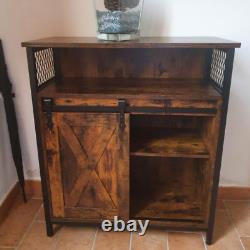 Buffet industriel vintage, cabinet à boissons rustique avec étagère et unité de rangement latérale.