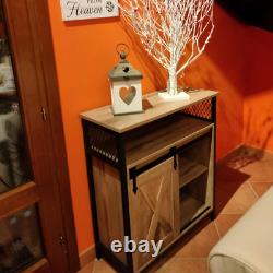 Buffet industriel vintage, cabinet à boissons rustique avec étagère et unité de rangement latérale.