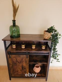 Buffet industriel vintage, cabinet à boissons rustique avec étagère et unité de rangement latérale.