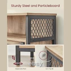 Buffet industriel vintage, cabinet à boissons rustique avec étagère et unité de rangement latérale.