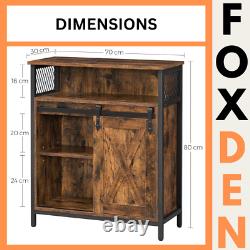 Buffet industriel vintage, cabinet à boissons rustique avec étagère et unité de rangement latérale.