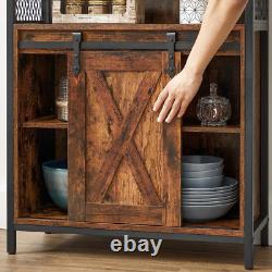 Buffet industriel vintage, cabinet à boissons rustique avec étagère et unité de rangement latérale.