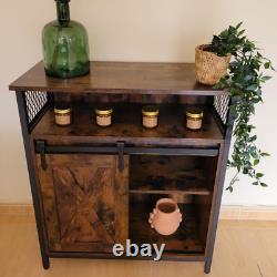 Buffet industriel vintage, cabinet à boissons rustique avec étagère et unité de rangement latérale.