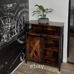 Buffet industriel vintage, cabinet à boissons rustique avec étagère et unité de rangement latérale.